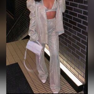 Elegant Silver Women's Blazer, Bralette and Pants Set